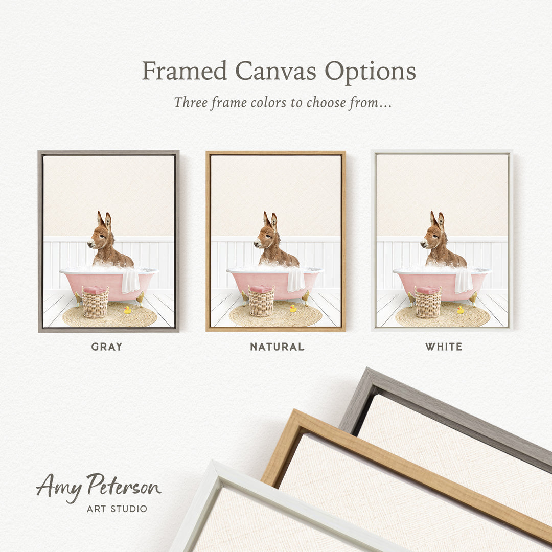three framed canvas options, each featuring a donkey in a bathtub, with different frame colors to choose from.