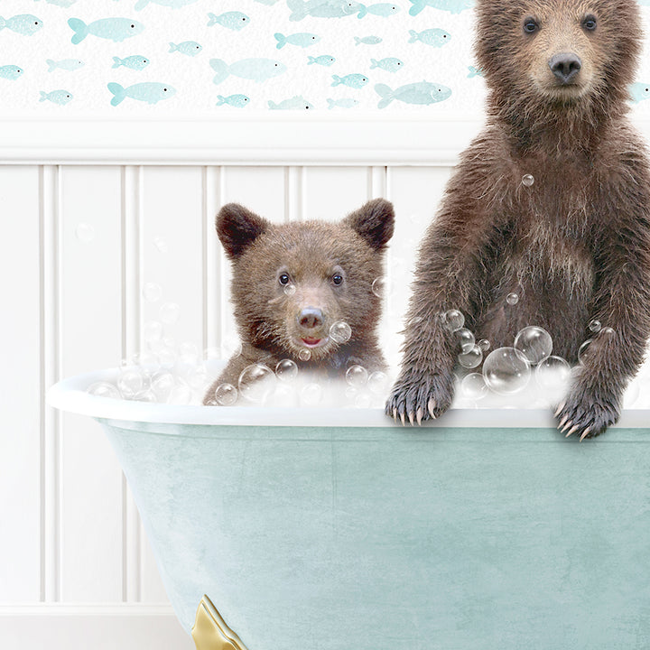 a couple of brown bears sitting inside of a bath tub