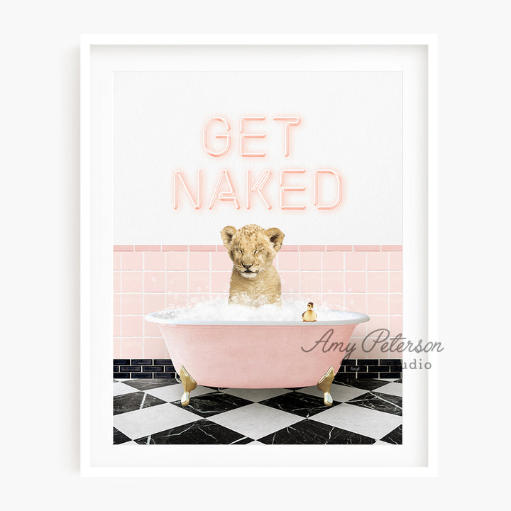 a picture of a dog in a bathtub with the words get naked above it