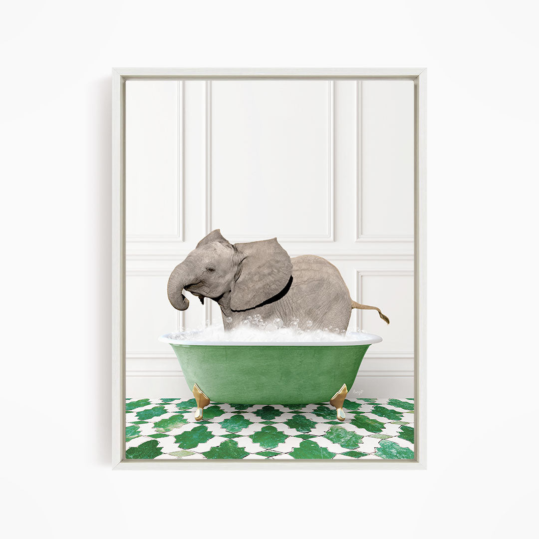 A gray elephant is sitting in a green bathtub filled with water, surrounded by a green and white patterned floor.