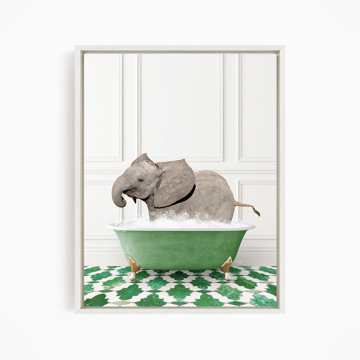A gray elephant is sitting in a green bathtub filled with water, surrounded by a green and white patterned floor.