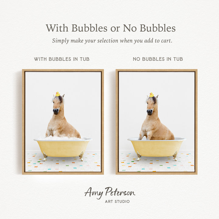 The image is a collage of two pictures featuring a horse sitting in a tub. The first picture shows the horse with bubbles in the tub, while the second picture shows the horse without bubbles in the tub.