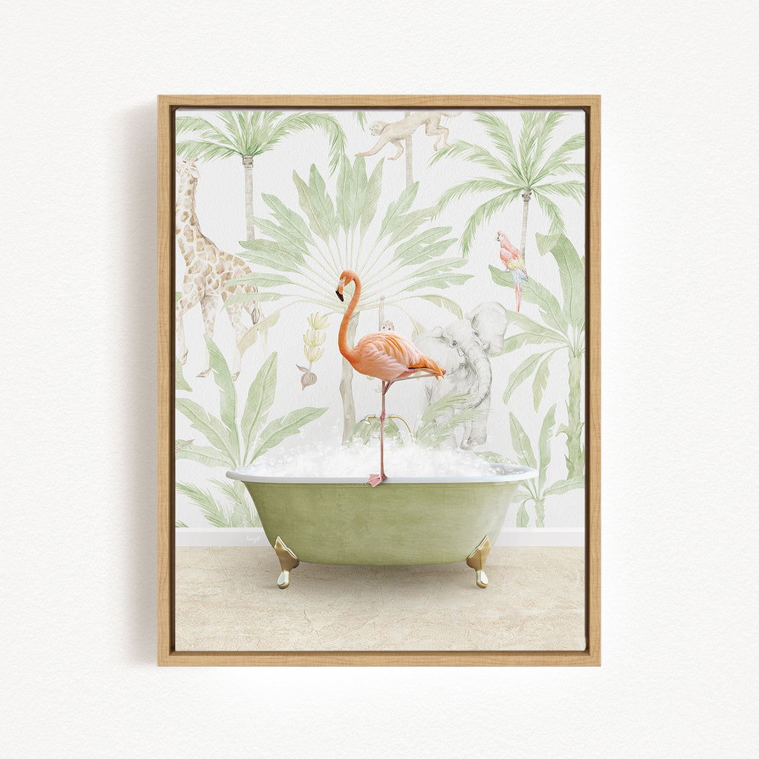 A framed print depicting a pink flamingo standing in a green bathtub, surrounded by tropical foliage and animals.