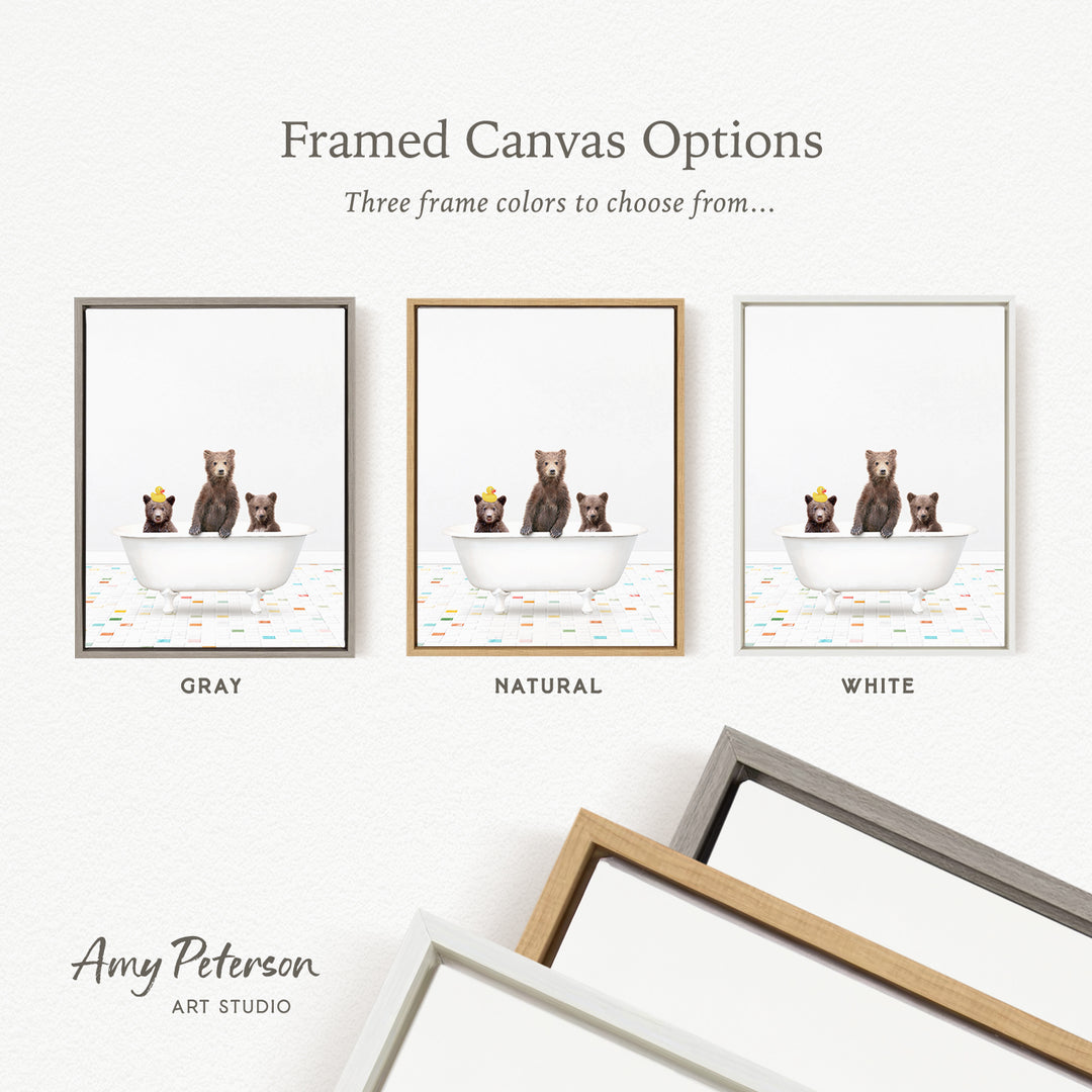 three framed canvas options, each featuring a bear sitting in a bathtub with two other bears. The options include a gray frame, a natural frame, and a white frame.