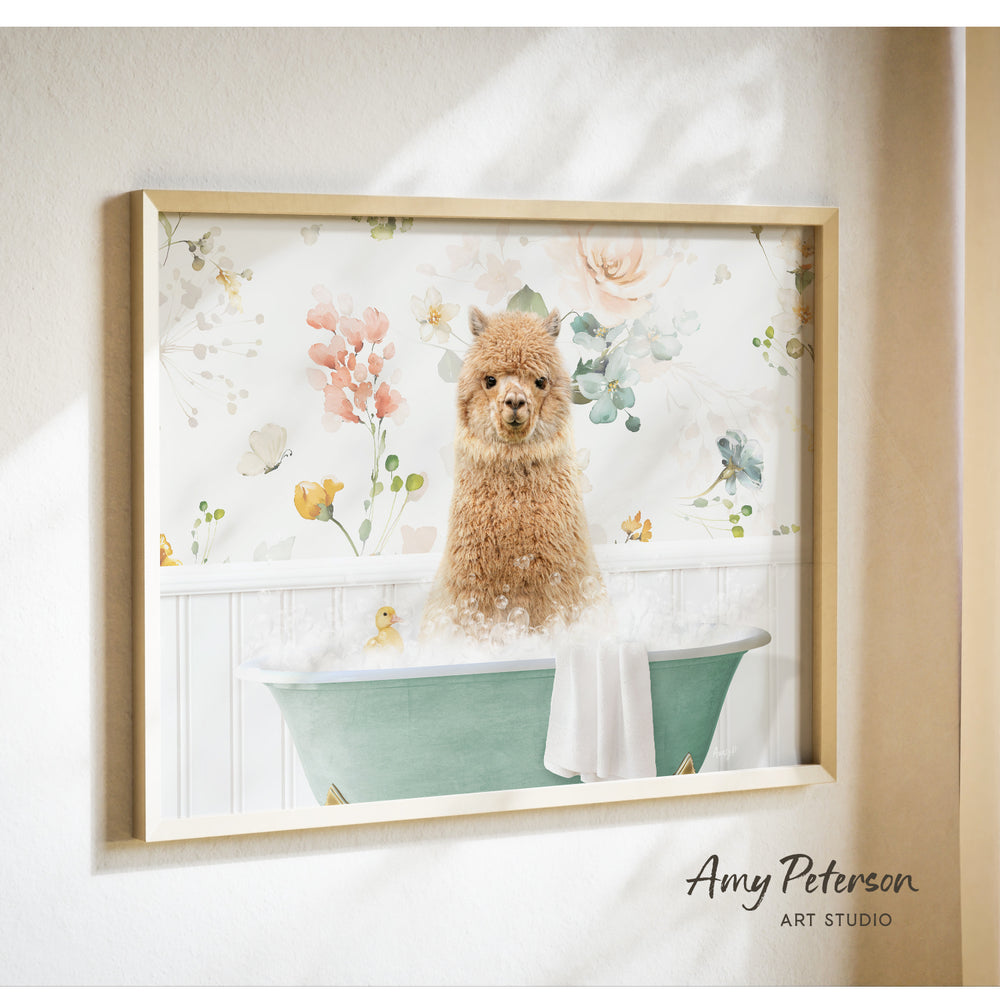 A framed print of a brown alpaca sitting in a green bathtub, surrounded by flowers and other decorative elements.