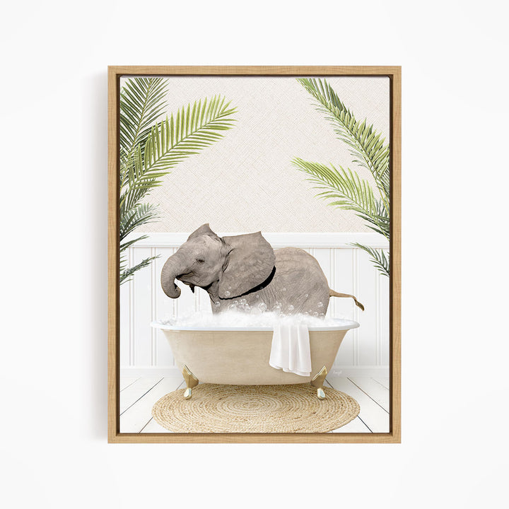A gray elephant is sitting in a white bathtub filled with water, surrounded by green palm leaves.