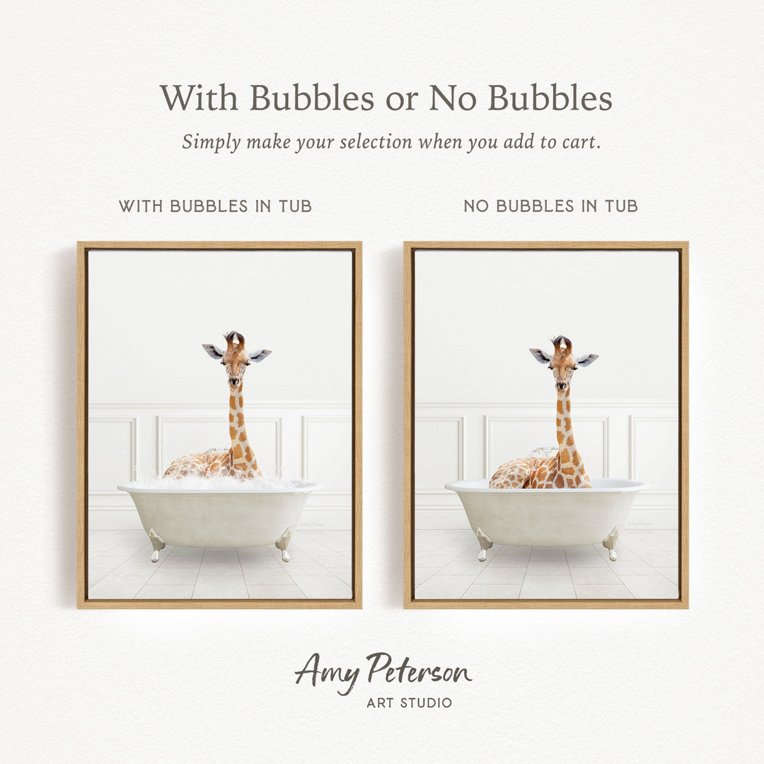 The image is a framed print featuring a giraffe sitting in a bathtub, with the text "With Bubbles or No Bubbles" above the images.