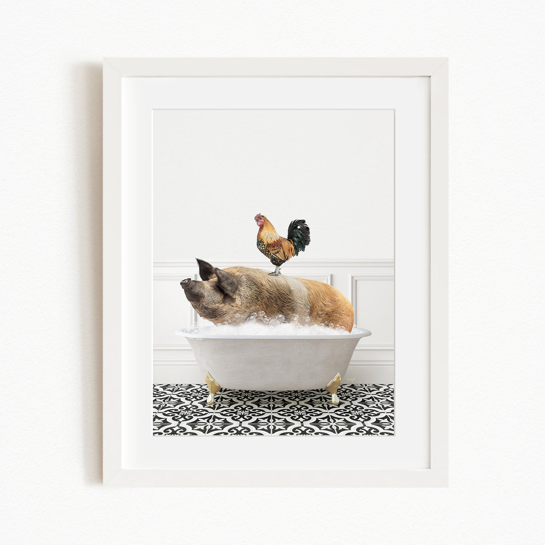 A rooster sits atop a pig in a bathtub, both appearing to enjoy the bathing experience.