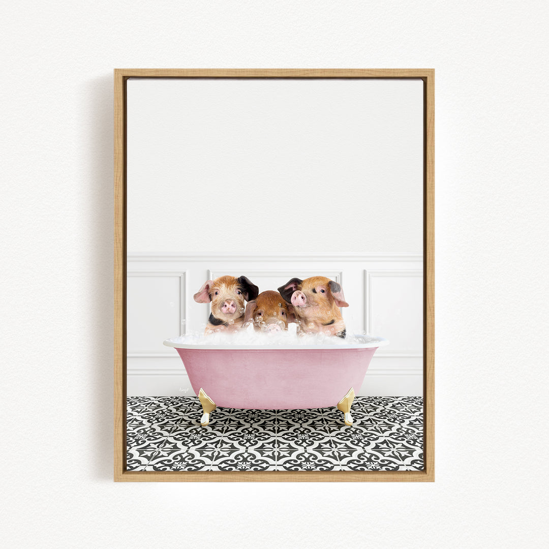 Three adorable pigs sitting in a pink bathtub, enjoying a bath together.