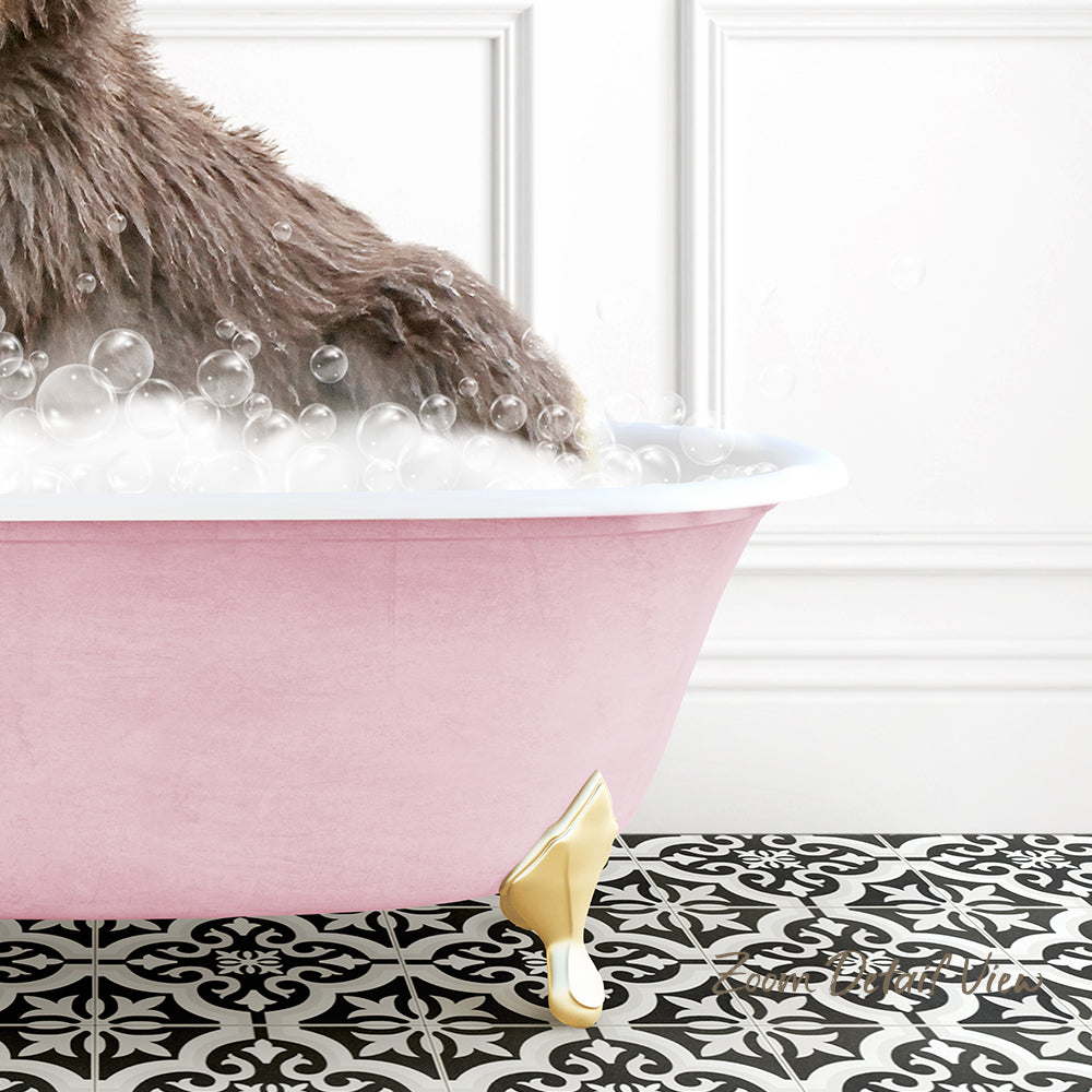 A pink bathtub filled with bubbles, with a dog sitting inside and enjoying the bath.