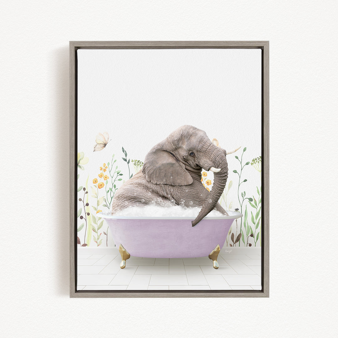 A gray elephant is sitting in a purple bathtub filled with bubbles, surrounded by flowers and butterflies.