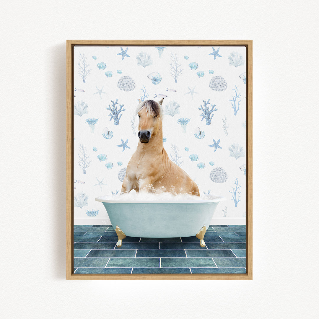 A horse is sitting in a bathtub filled with bubbles, surrounded by a blue and white ocean-themed wallpaper.