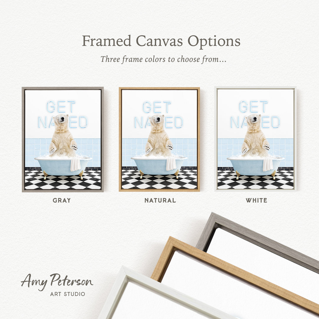 three framed canvas options, each featuring a different color and frame style. The options include a gray frame with a white and black checkered floor, a natural frame with a white and black checkered floor, and a white frame with a black and white checkered floor.