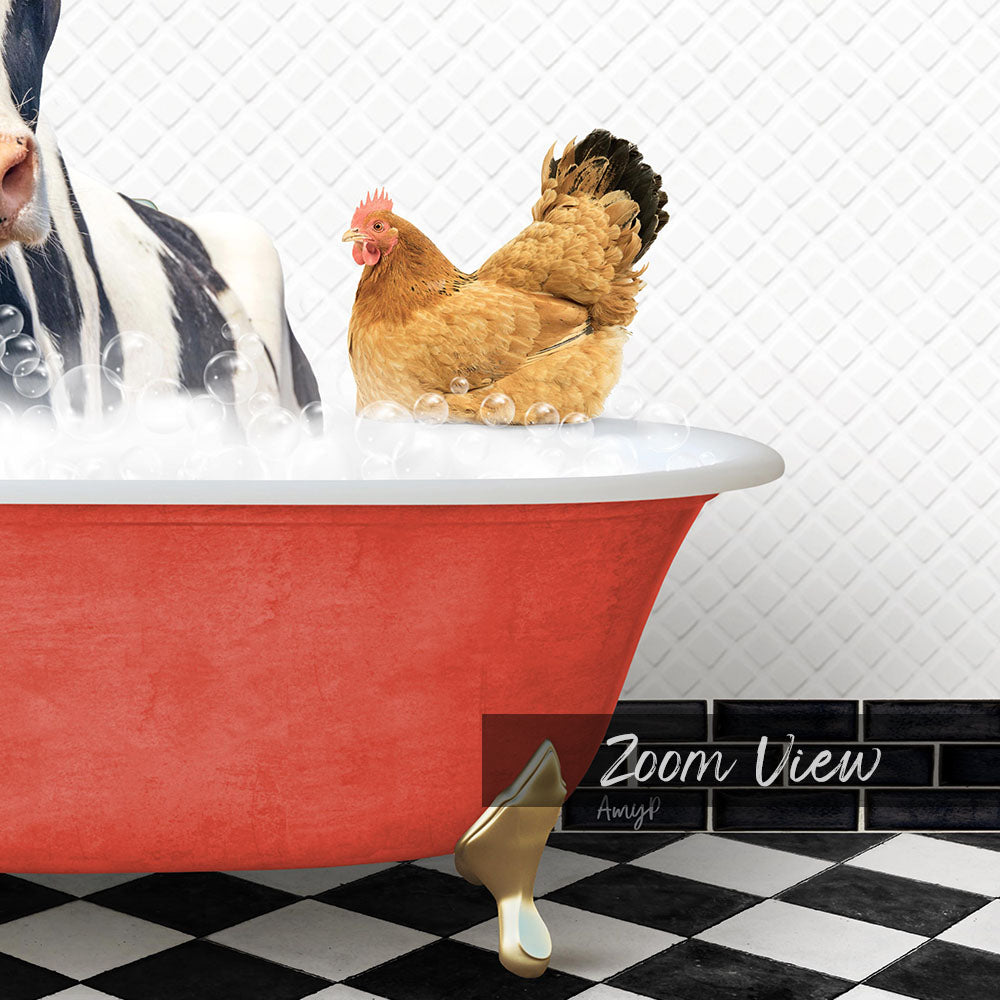 A red bathtub filled with water, with a chicken sitting inside and a black and white checkered floor in the background.