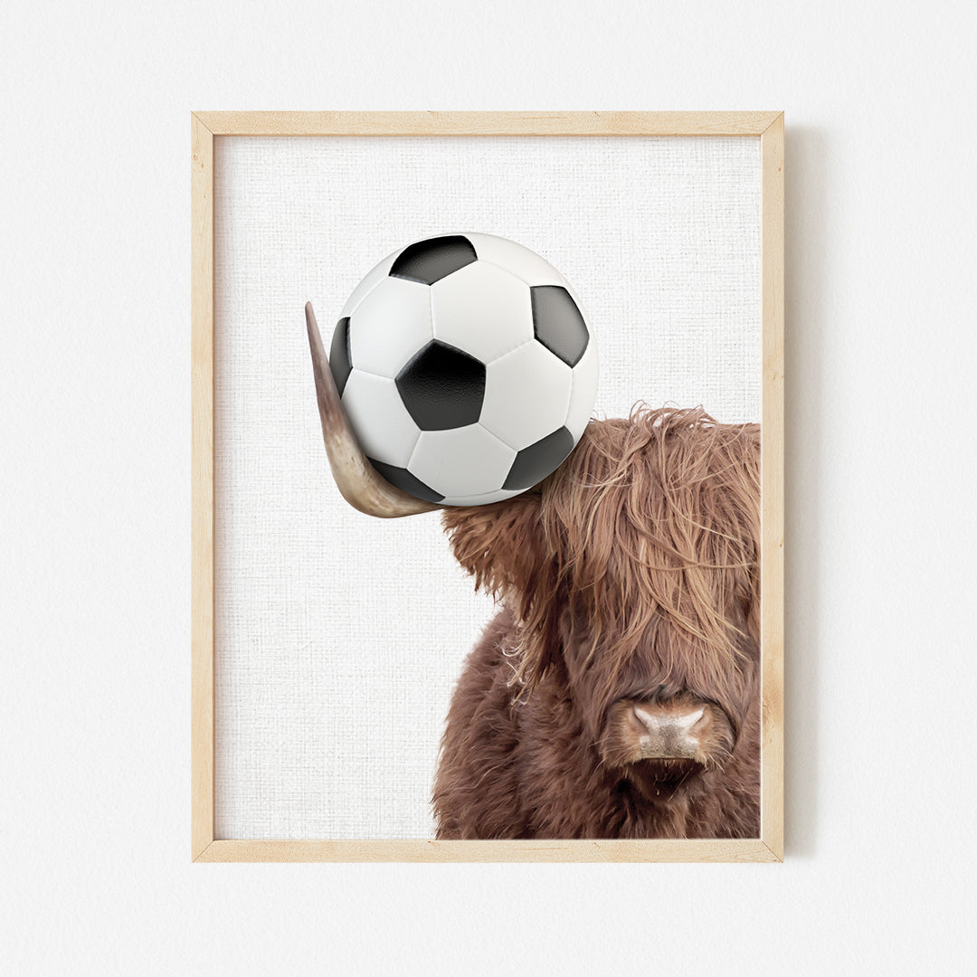 a picture of a bull with a soccer ball on its head