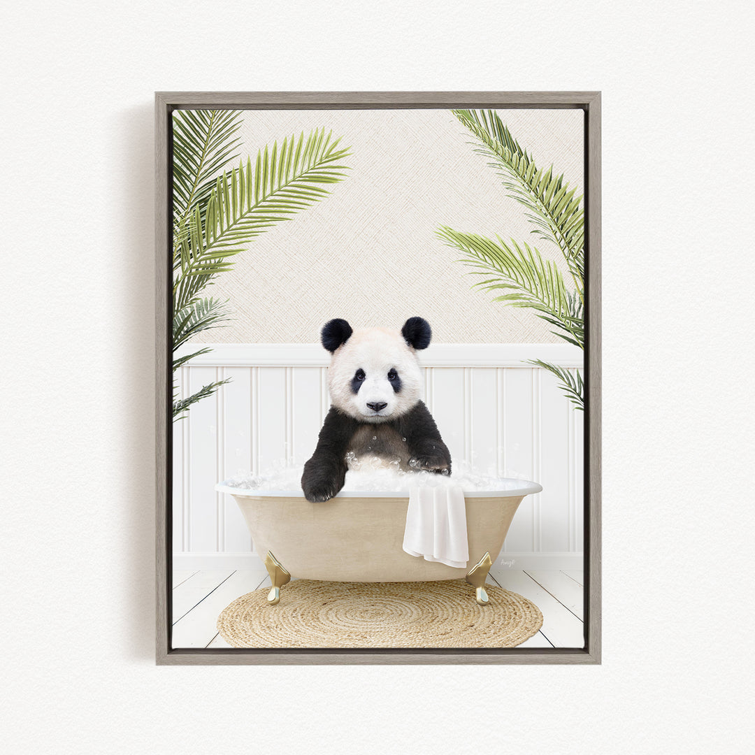 A panda bear sitting in a bathtub filled with water, surrounded by green plants.