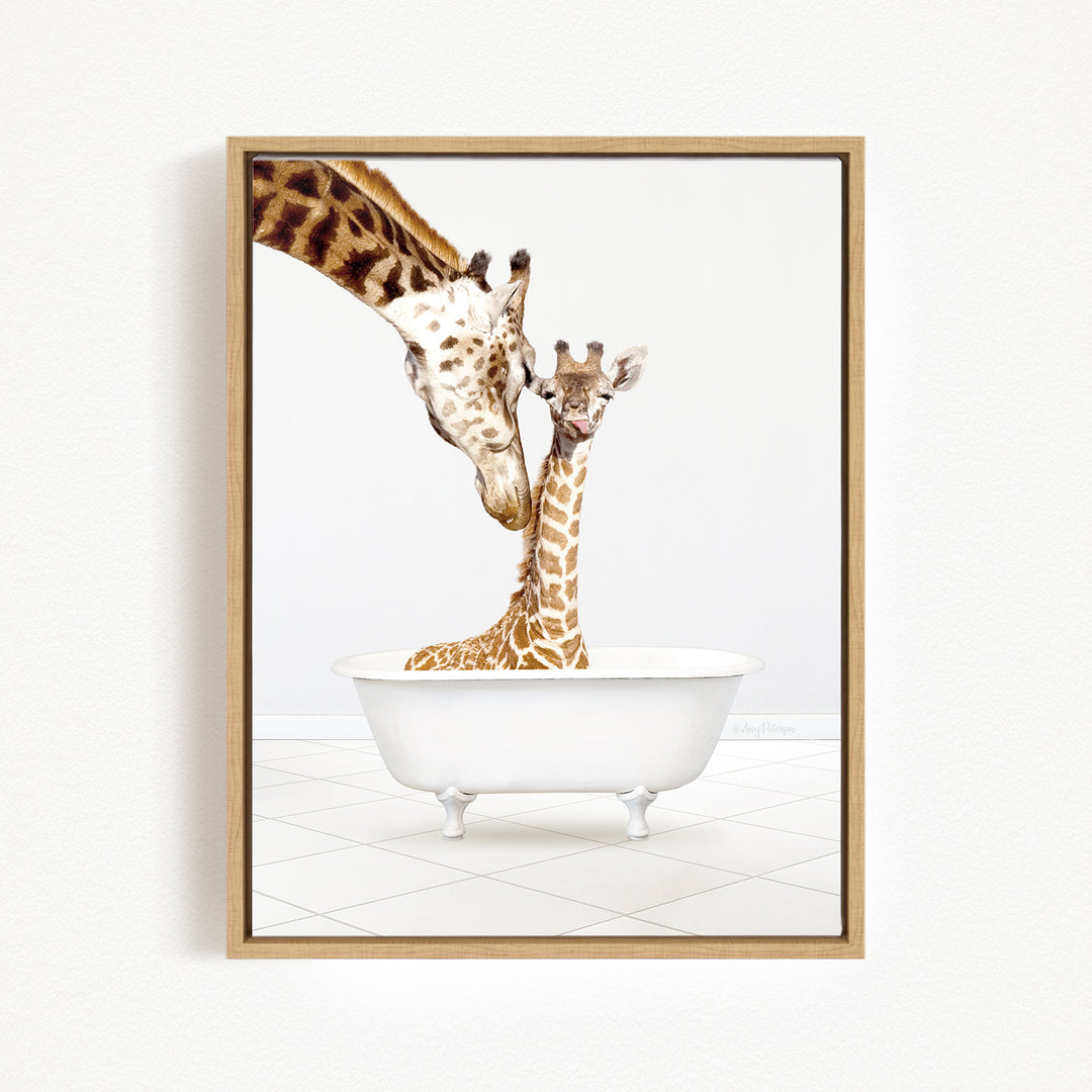 A mother giraffe and her baby giraffe are sitting together in a white bathtub, with the mother gently licking her baby.