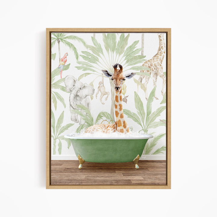 A giraffe is sitting in a green bathtub, surrounded by a tropical jungle scene with palm trees, elephants, and other animals.