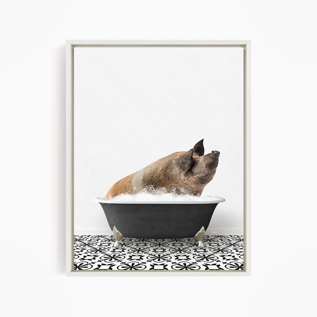 A brown pig sitting in a black bathtub filled with water, with a black and white patterned floor in the background.