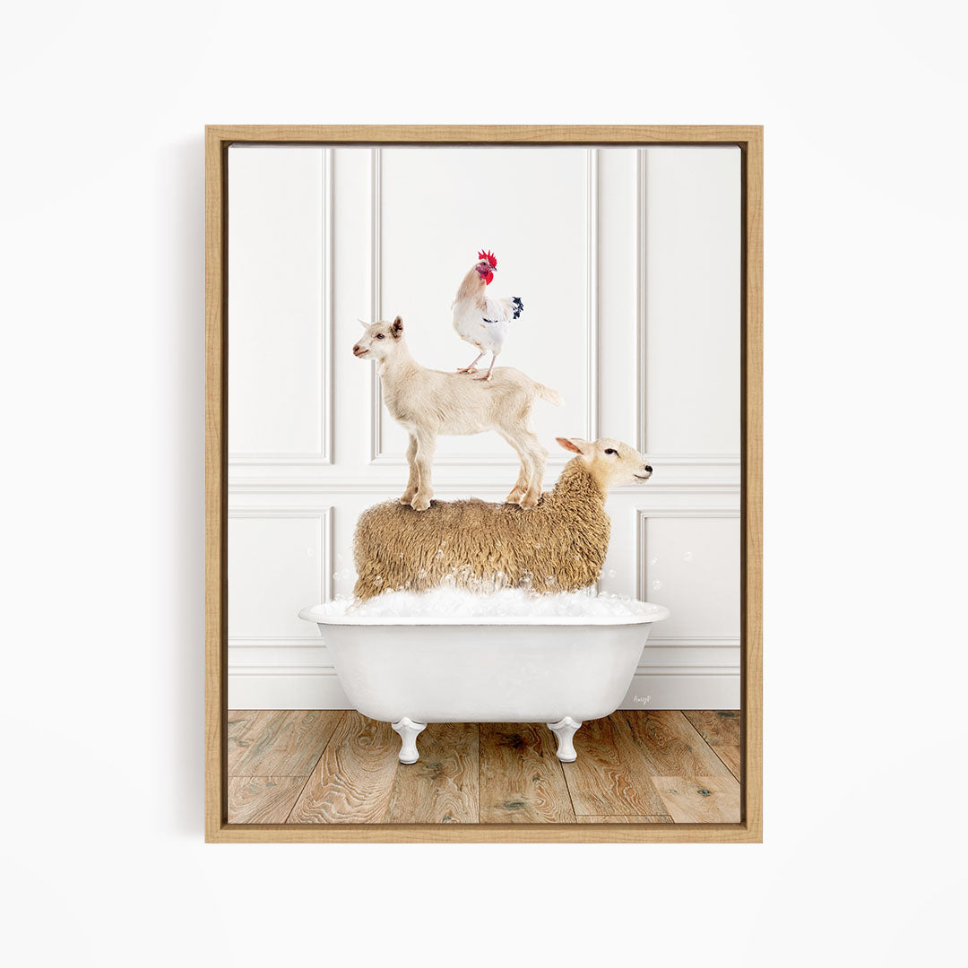 A white sheep is standing on a bathtub filled with water, with a chicken perched on top of it.