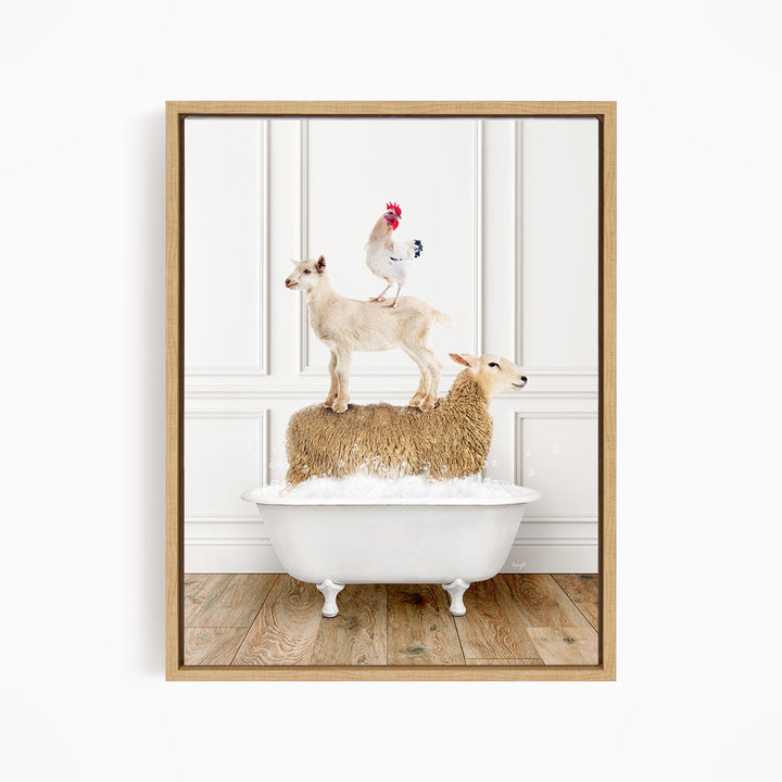 A white sheep is standing on a bathtub filled with water, with a chicken perched on top of it.
