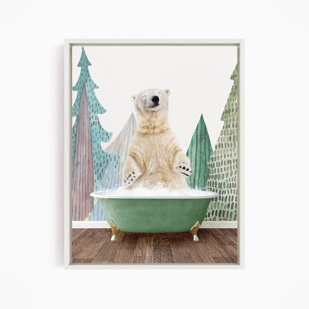 A polar bear is sitting in a green bathtub, surrounded by trees with a snowy landscape in the background.