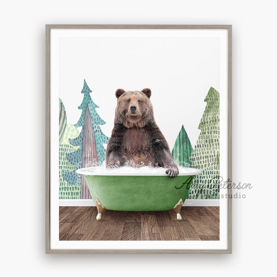 a brown bear sitting in a green bath tub