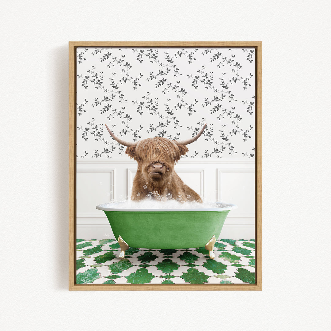 A brown cow with long horns is sitting in a green bathtub filled with bubbles, surrounded by a patterned green and white floor.