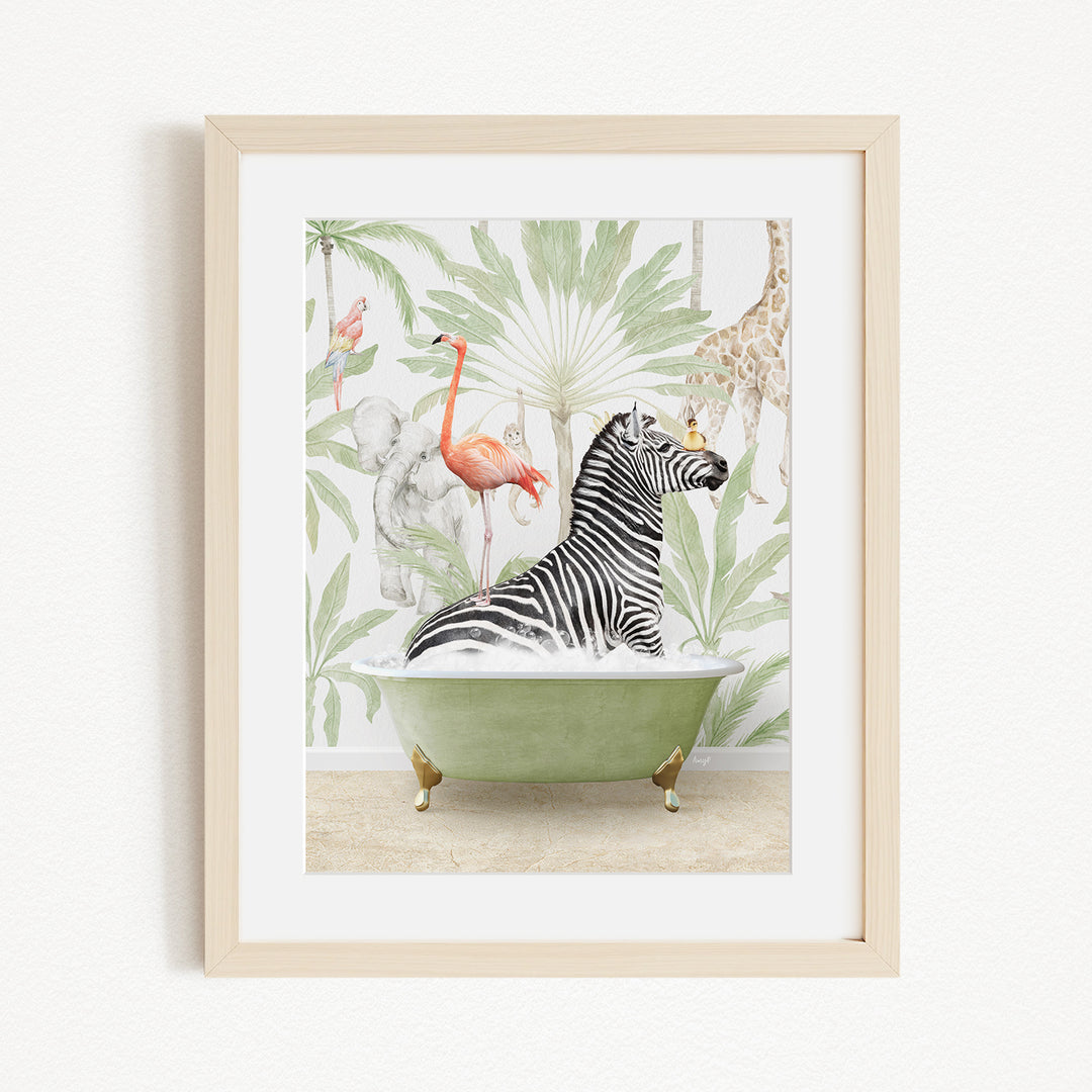 A framed illustration depicting a zebra sitting in a green bathtub, surrounded by various tropical animals such as a flamingo, giraffe, and parrot.