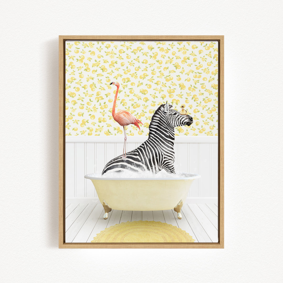 A zebra is sitting in a bathtub, with a pink flamingo standing on its back. The background is a yellow and white floral pattern.