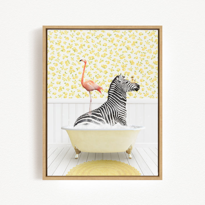 A zebra is sitting in a bathtub, with a pink flamingo standing on its back. The background is a yellow and white floral pattern.