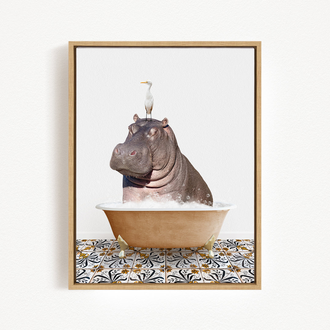 A hippopotamus sitting in a bathtub, with a bird perched on its head.