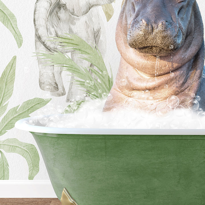 a hippo in a bathtub with a wallpaper behind it