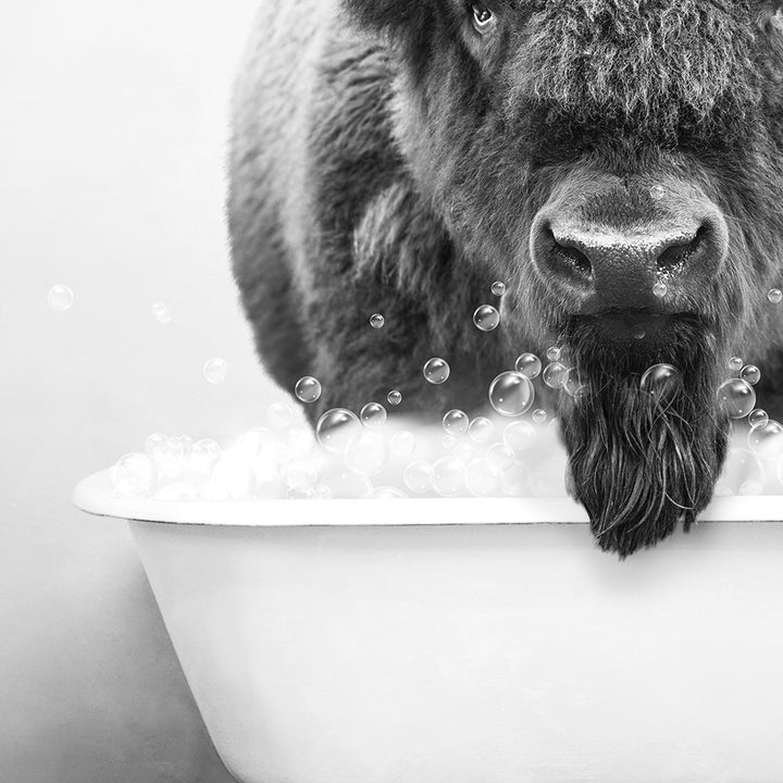 a black and white photo of a buffalo in a bathtub