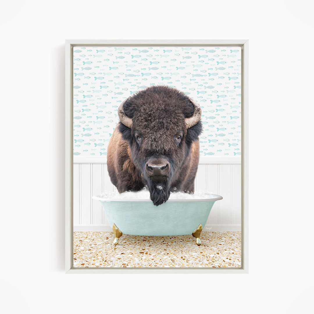 A buffalo with a long beard is sitting in a light blue bathtub, surrounded by a pattern of fish.