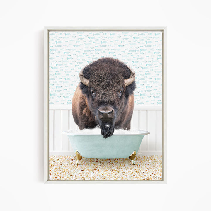 A buffalo with a long beard is sitting in a light blue bathtub, surrounded by a pattern of fish.