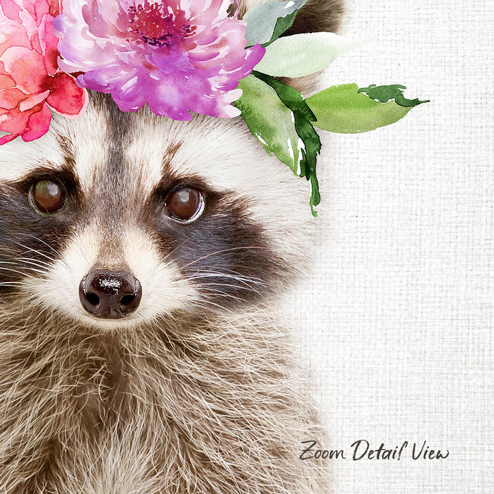 A raccoon wearing a flower crown with pink and purple flowers and green leaves.