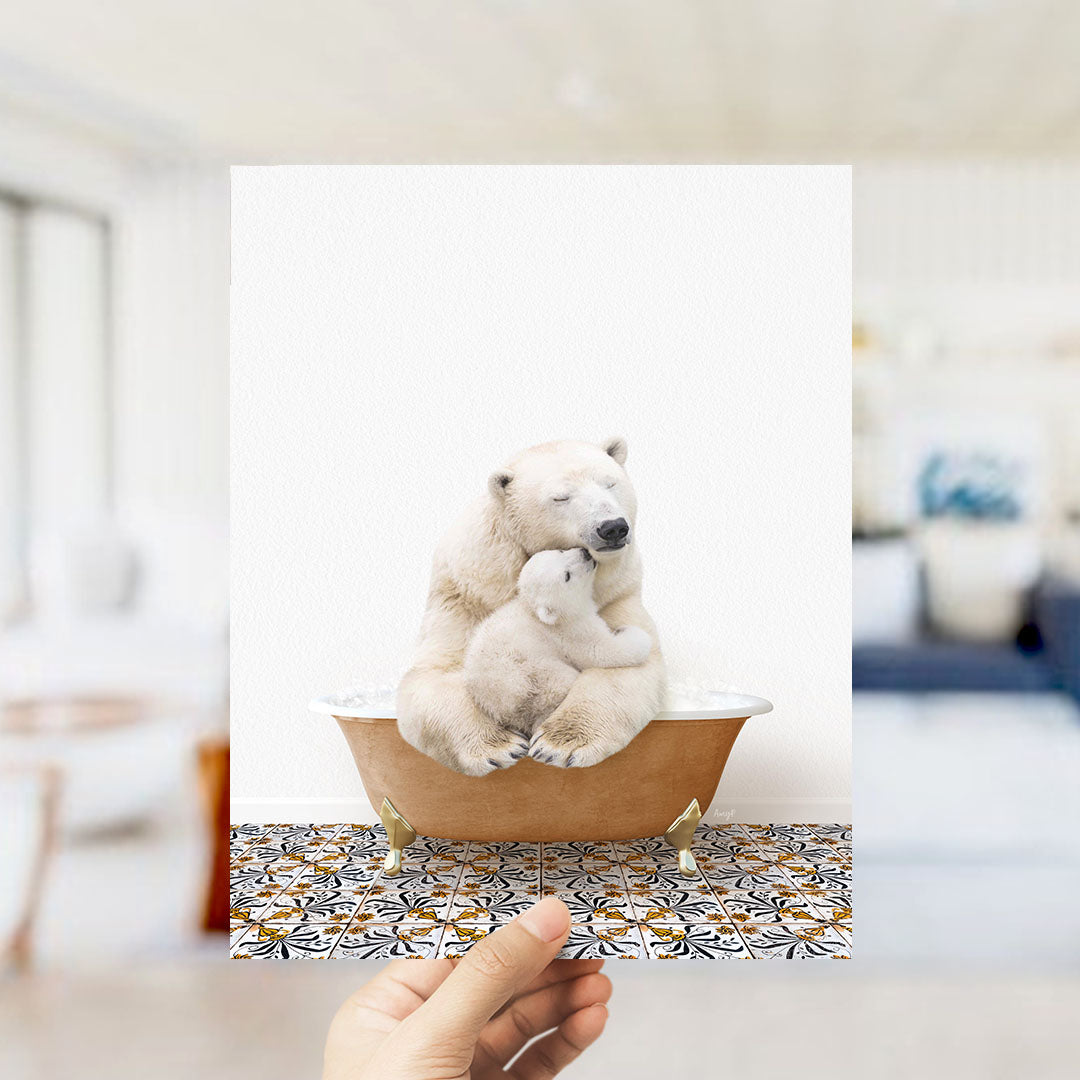 A polar bear is sitting in a bathtub, with a baby polar bear nestled next to it, creating a heartwarming scene.