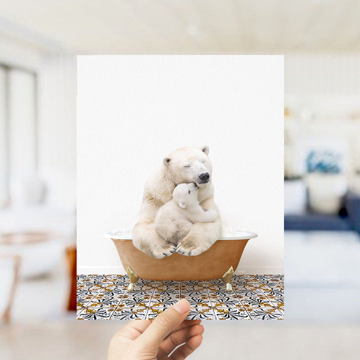 A polar bear is sitting in a bathtub, with a baby polar bear nestled next to it, creating a heartwarming scene.
