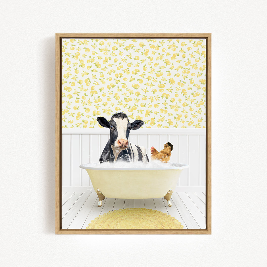 A black and white cow is sitting in a bathtub filled with water, with a chicken nearby, in a room with yellow floral wallpaper.
