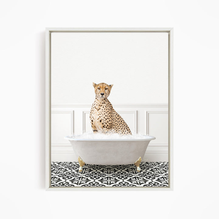 A cheetah sitting in a white bathtub filled with water, surrounded by a black and white patterned floor.