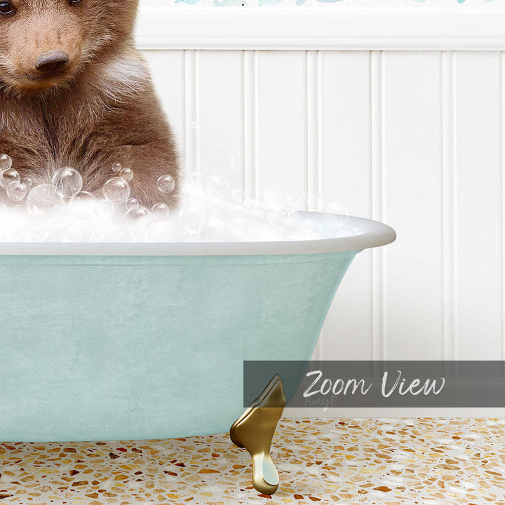 A small brown bear is sitting in a light blue bathtub filled with bubbles, creating a whimsical and playful scene.