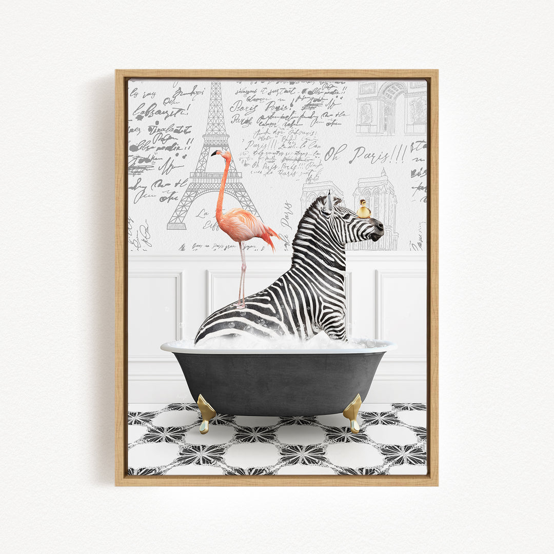 A zebra is sitting in a bathtub, with a pink flamingo standing on its back legs and a yellow bird perched on its head. The background features the Eiffel Tower and other architectural elements.