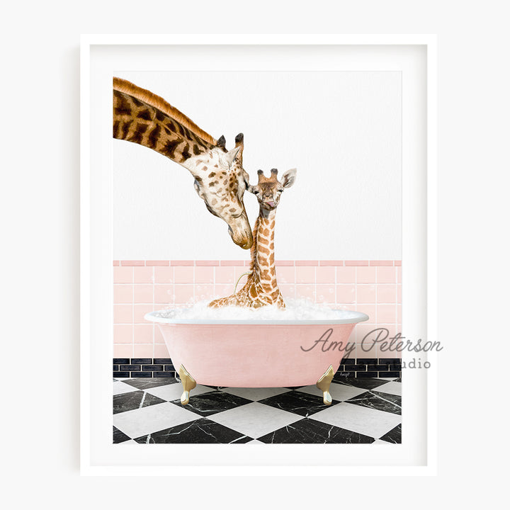 two giraffes sticking their heads into a bathtub