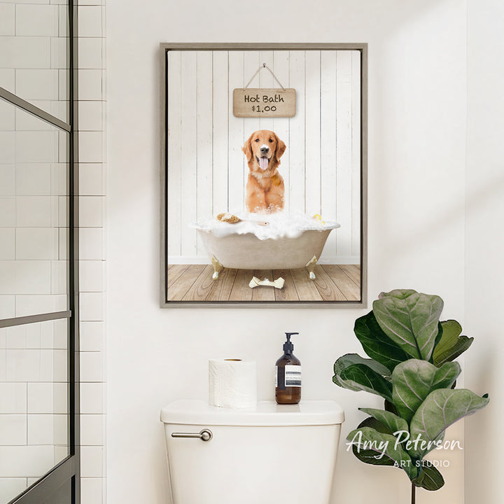 A framed image of a golden retriever dog sitting in a bathtub, with a sign above it that says "Hot Bath is $5".