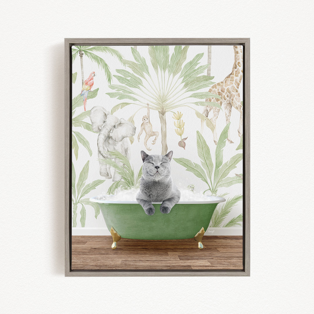 A gray cat sitting in a green bathtub, surrounded by a tropical jungle scene with various animals and plants.