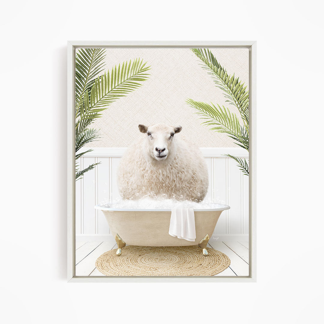 A fluffy white sheep sits in a white bathtub, surrounded by green palm leaves, creating a whimsical and relaxing scene.