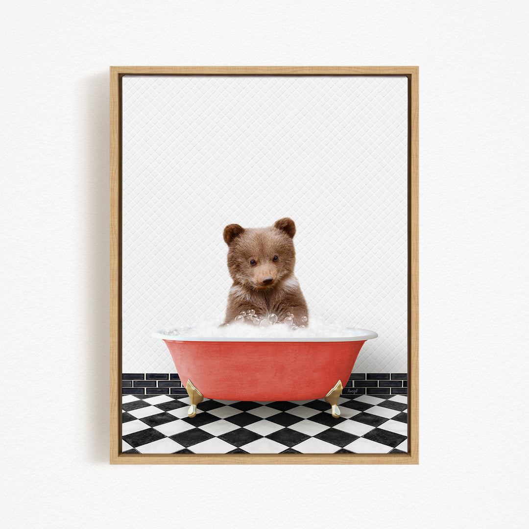 A brown bear sitting in a red bathtub filled with water, surrounded by a black and white checkered floor.