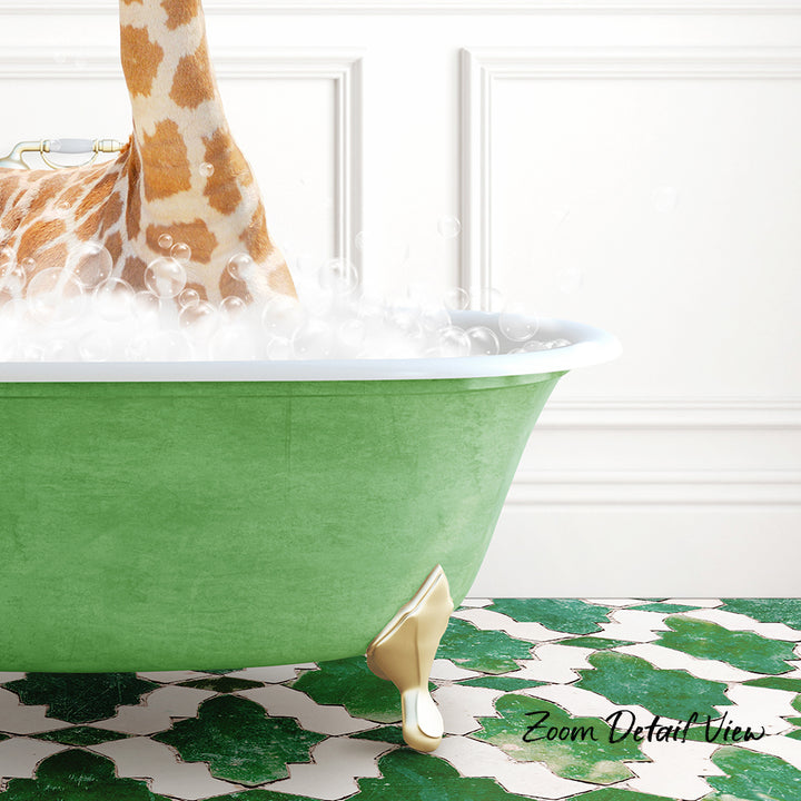 A giraffe standing in a green bathtub filled with bubbles, with a patterned tile floor in the background.