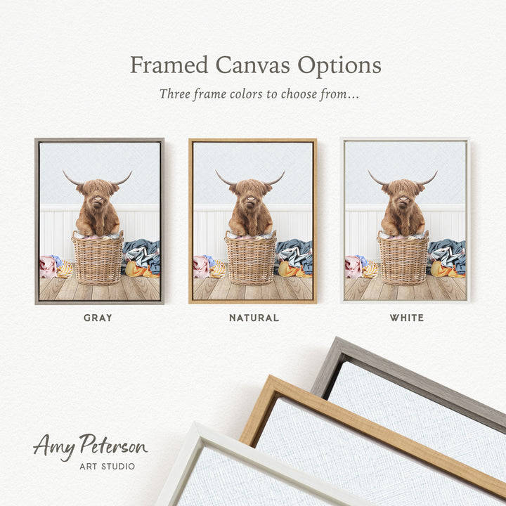 three framed canvas options, each featuring a brown cow with horns sitting in a basket. The options include a gray, a natural, and a white frame.